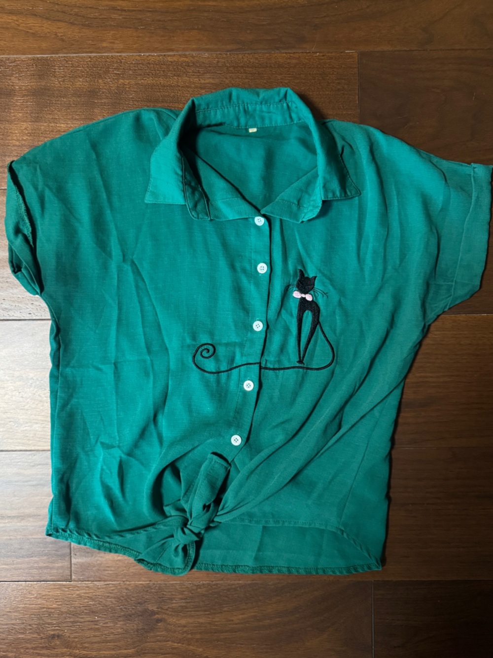 Teal Blouse with Cat Embroidery